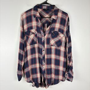 Plaid Top Womens Large Shirt Button Up Roll Tab Light Blue Red Western Boho